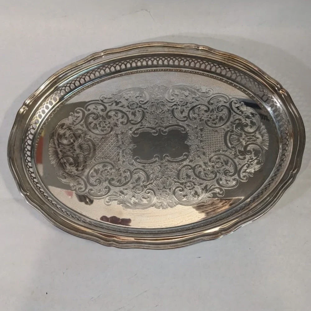 Vtg Oneida Silver Plated Oval Serving Tray Etched Floral Pierced Gallery Rim 15